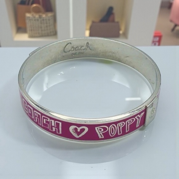 Coach Poppy Pink Enamel & Silver-Tone Bangle Bracelet Excellent Condition - Picture 3 of 11